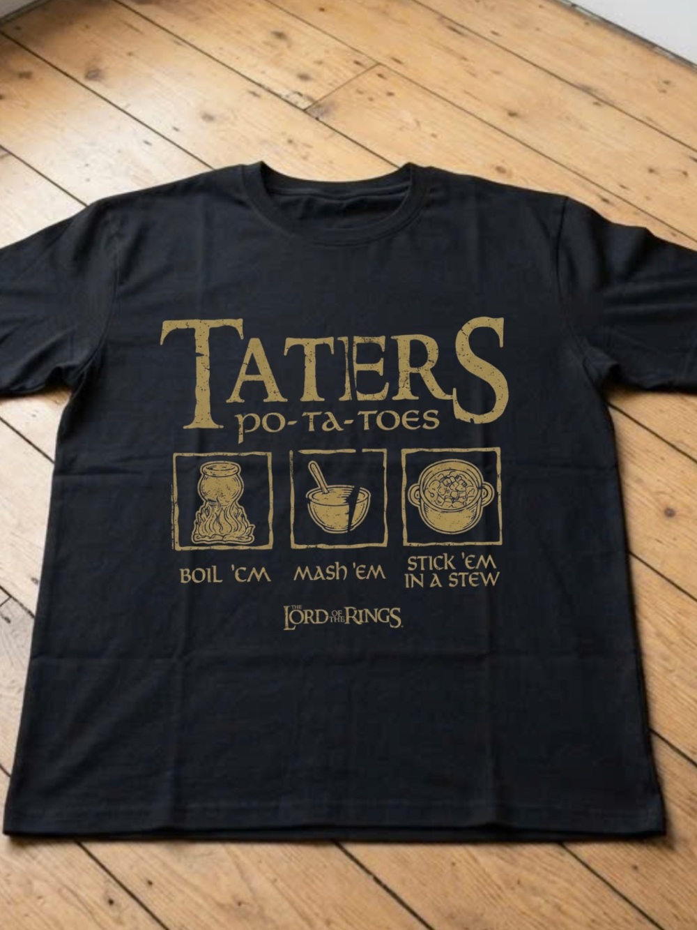 Gildan Black Graphic Tee with Gold 'TATERS' Print